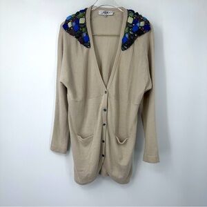 Tibi Cashmere Wool Cream Long Ling Cardigan Sweater Jeweled Shoulders XS | M107